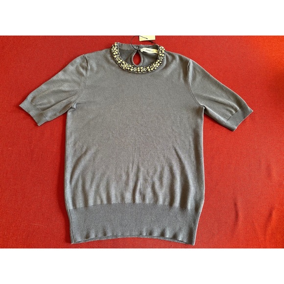Zara knit short sleeve top with jeweled neckline, NWT, S - Picture 7 of 12